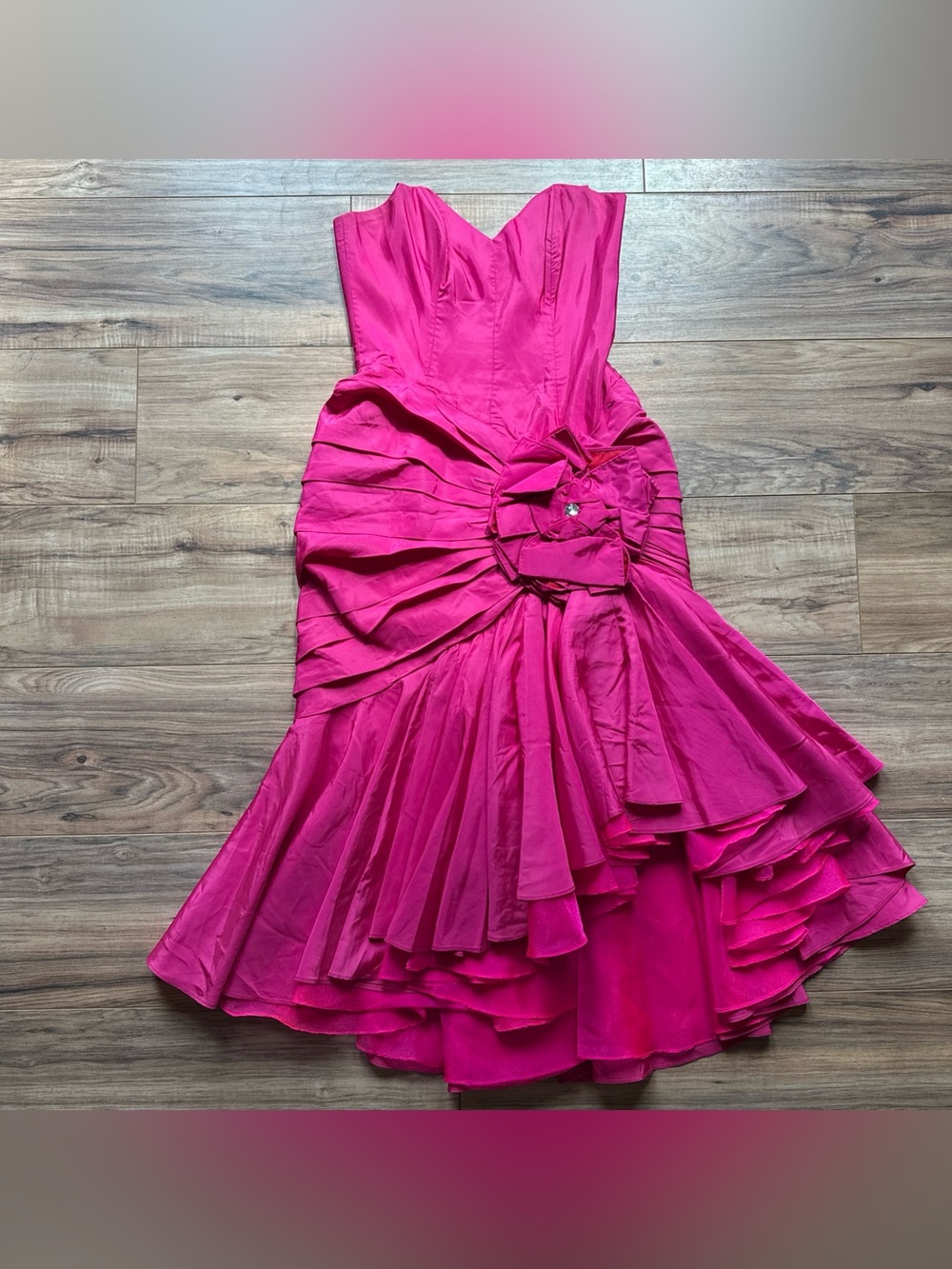Vintage Tadashi Mermaid Cocktail Prom Dress Size 8 Hot Pink Ruched Ruffle Flower